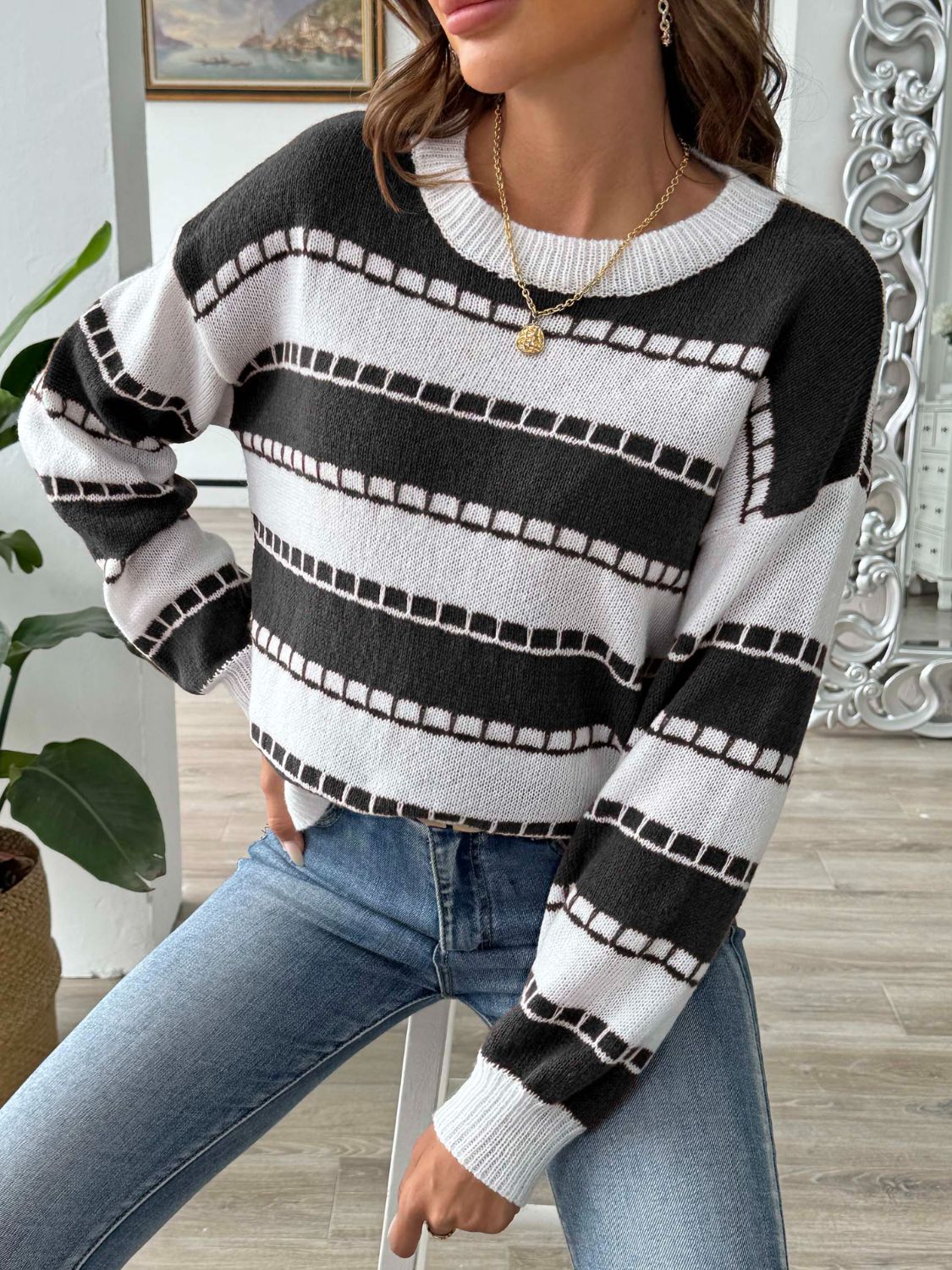 Striped Round Neck Long Sleeve Sweater - Charming Charlie