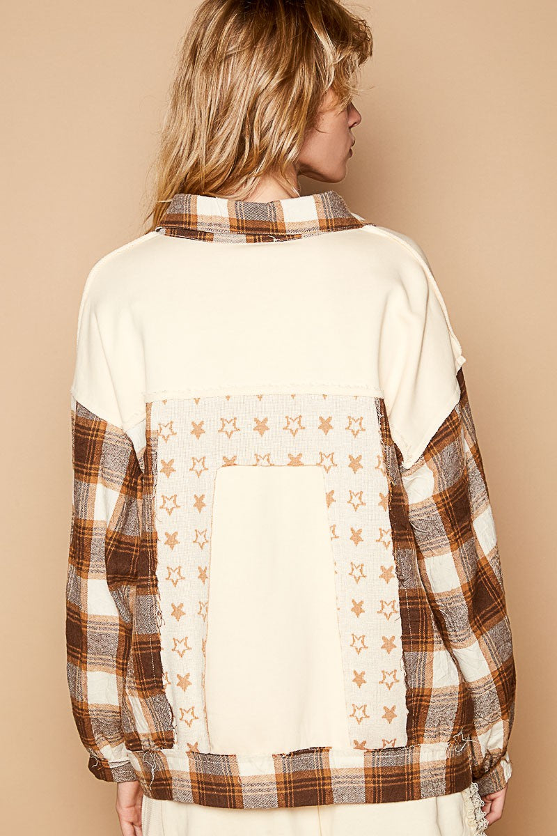POL Plaid & Star Patchwork Contrast Long Sleeve Shacket - Charming Charlie