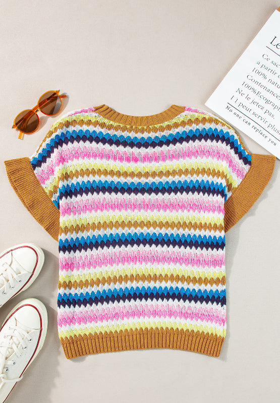 Contrast Round Neck Short Sleeve Sweater - Charming Charlie