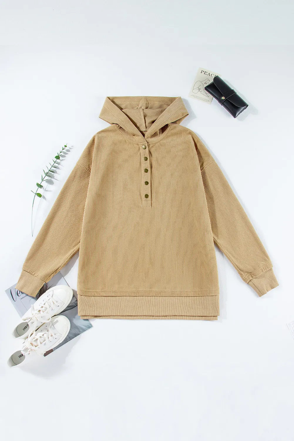 Half Snap Long Sleeve Dropped Shoulder Hoodie - Charming Charlie