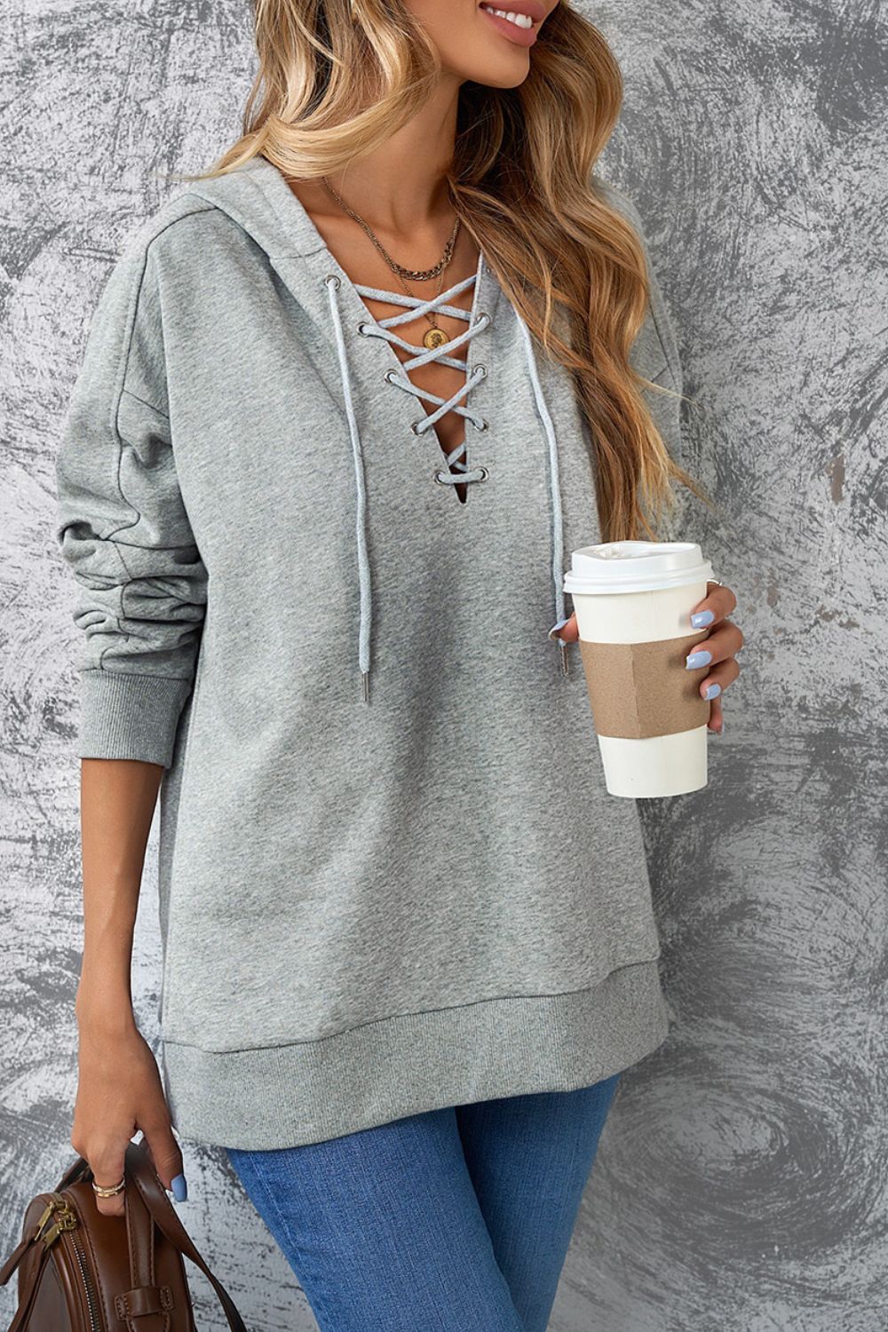 Lace Up Long Sleeve Hoodie - Charming Charlie