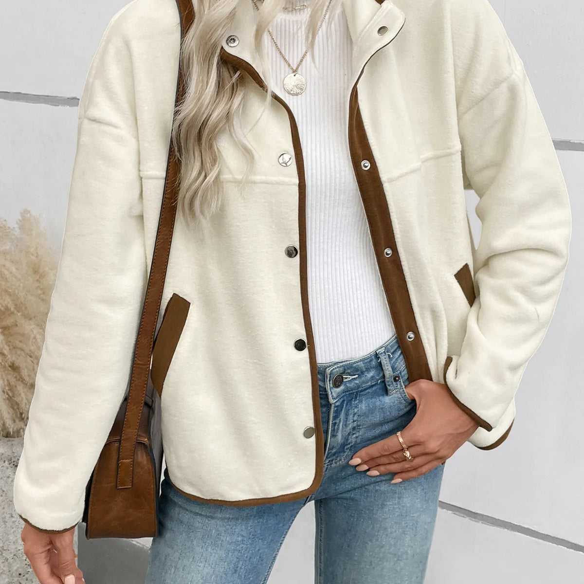 Contrast Baseball Collar Snap Down Long Sleeve Jacket main image 1