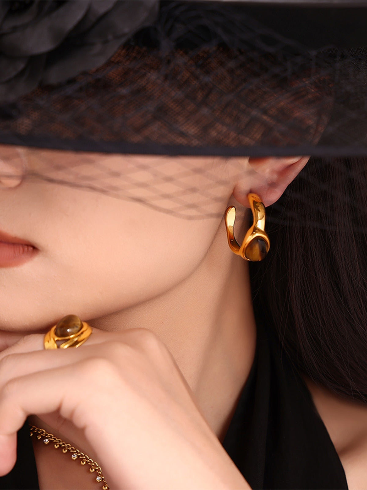 Stainless Steel Tigerite Ring and C-Hoop Earrings Set - Charming Charlie