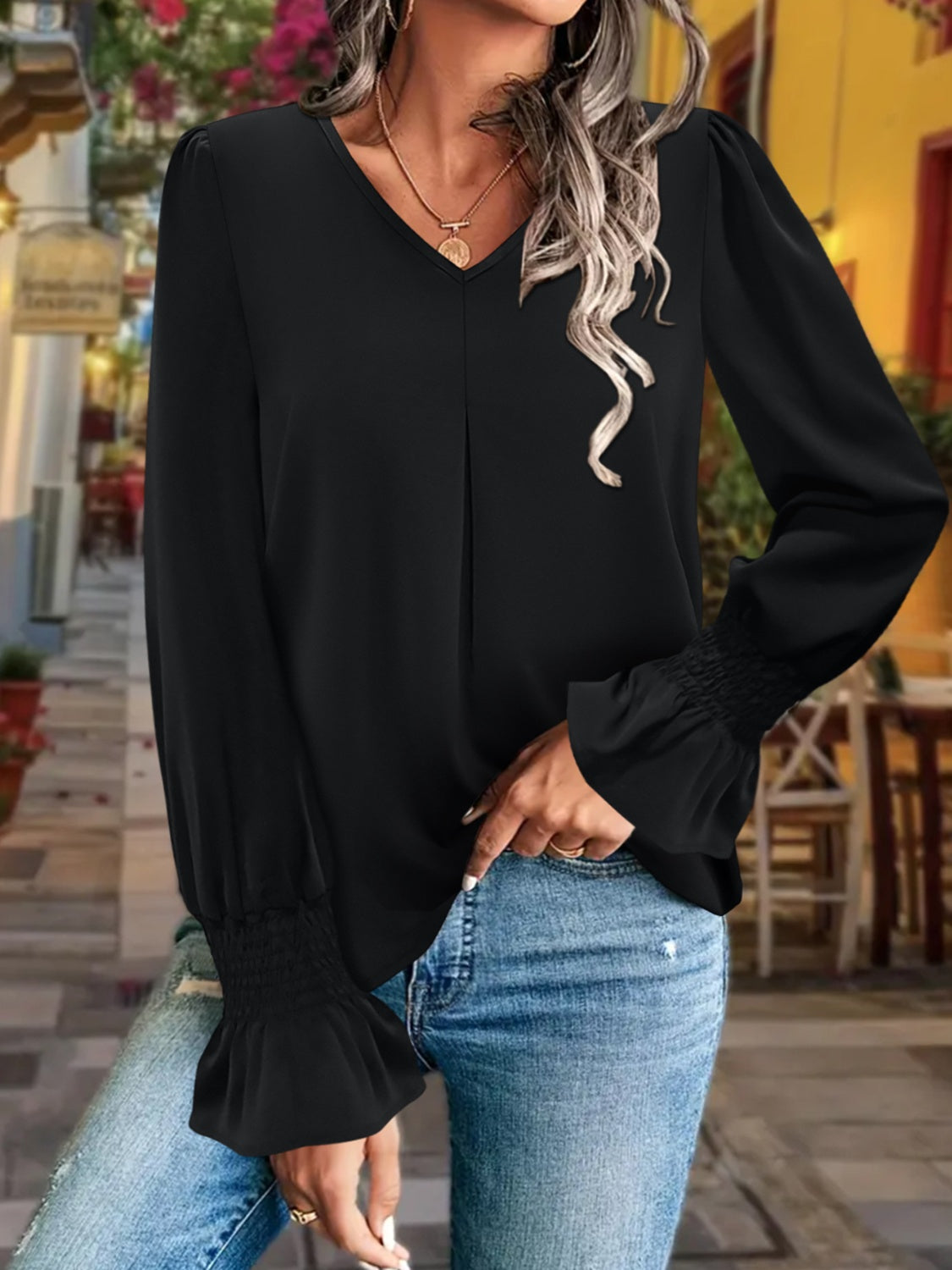 V-Neck Flounce Sleeve Blouse - Charming Charlie