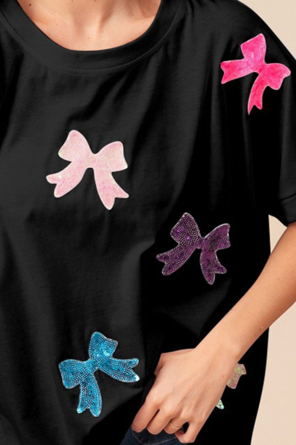 BiBi Sequin Bow Patch Short Sleeve T-Shirt - Charming Charlie