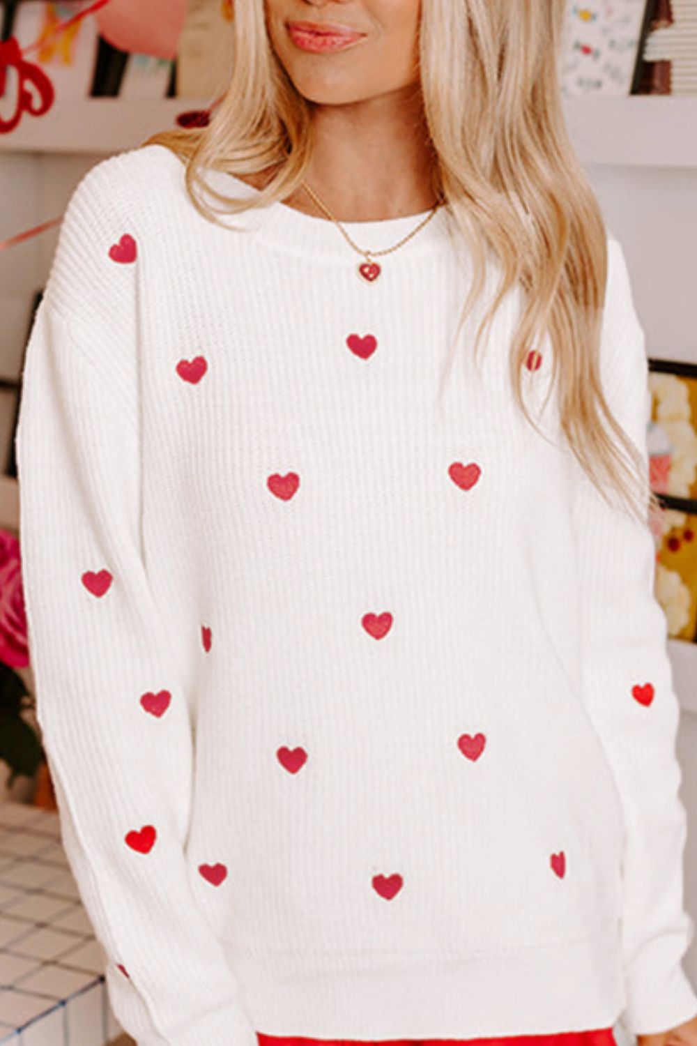 Heart Round Neck Long Sleeve Sweater - Charming Charlie