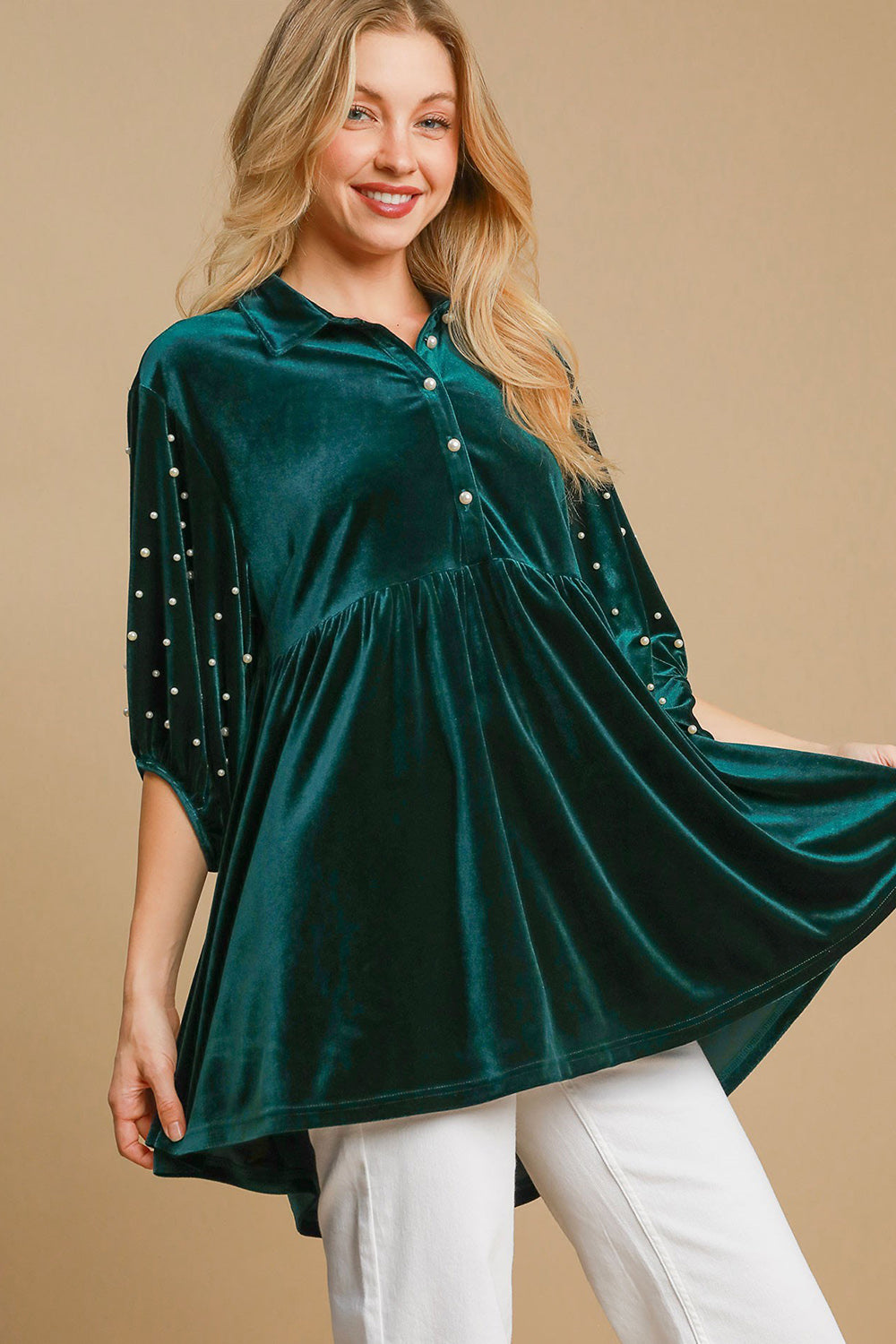 Umgee Pearl Detail Half Sleeve Velvet Babydoll Blouse - Charming Charlie