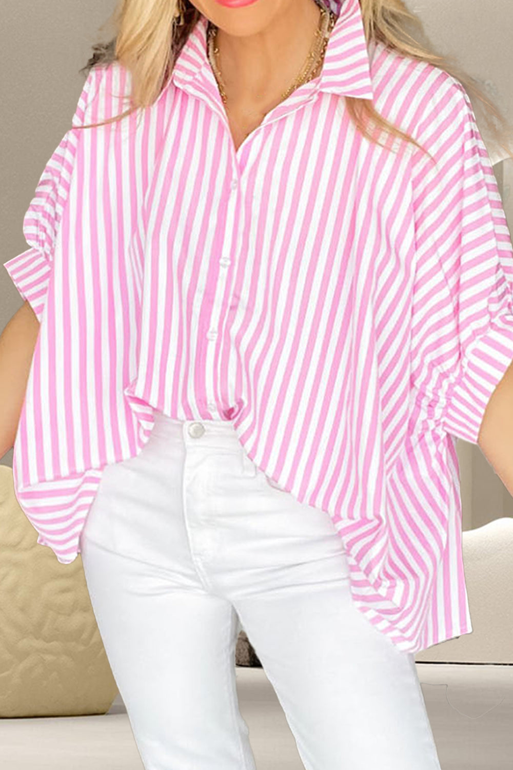 Striped Collared Neck Half Sleeve Shirt - Charming Charlie