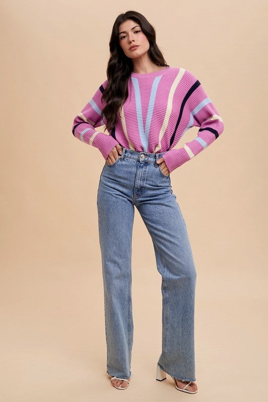 Annie Wear Chevron Stripe Round Neck Ribbed Sweater - Charming Charlie
