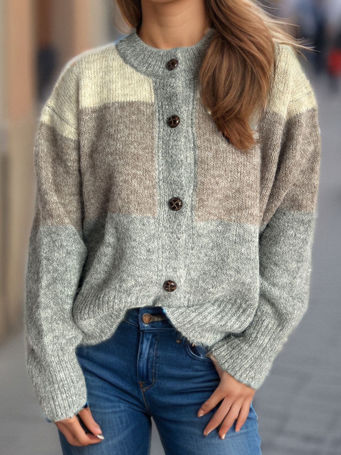 Color Block Round Neck Button Up Cardigan - Charming Charlie