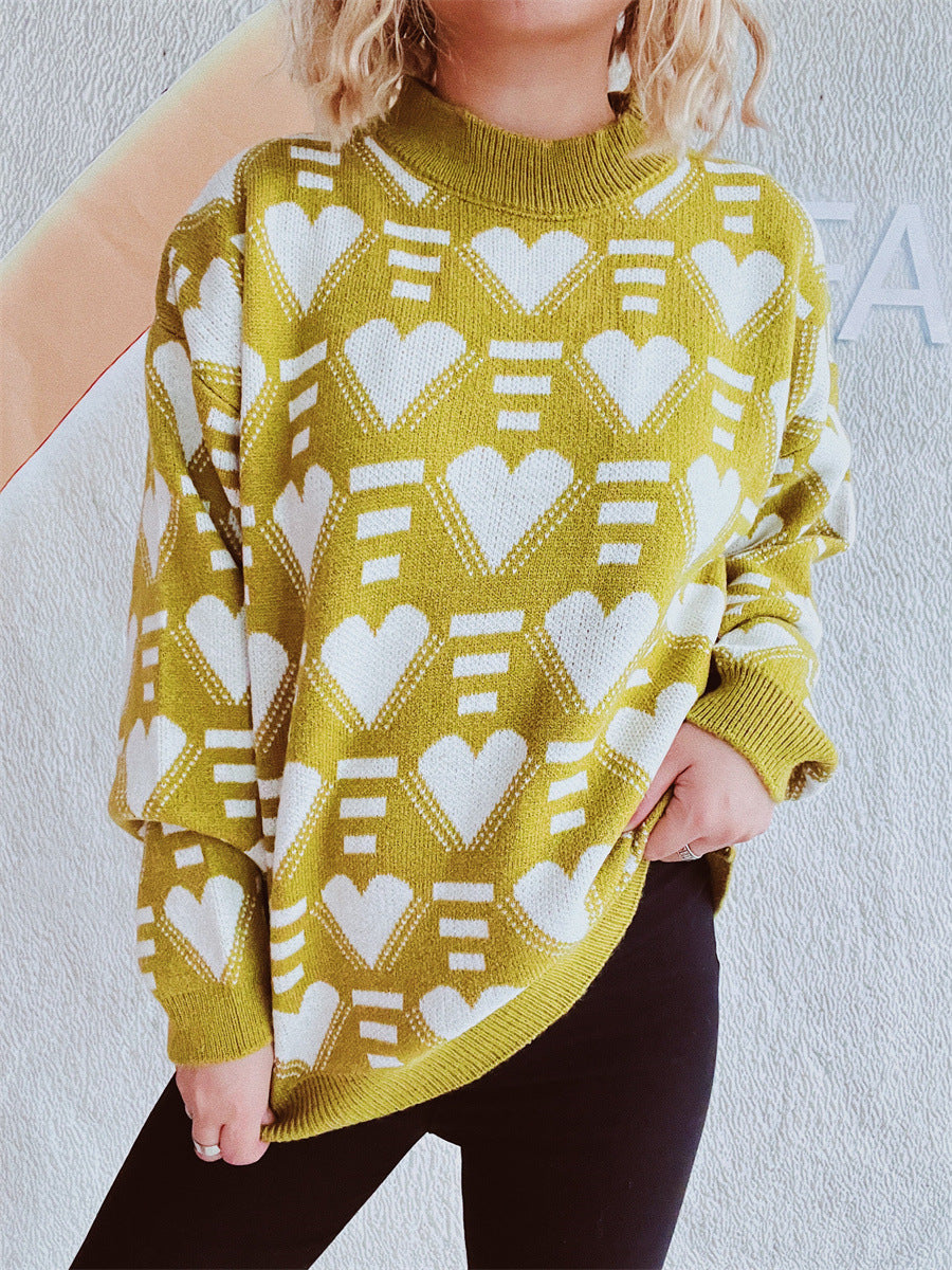 Heart Contrast Long Sleeve Dropped Shoulder Sweater - Charming Charlie