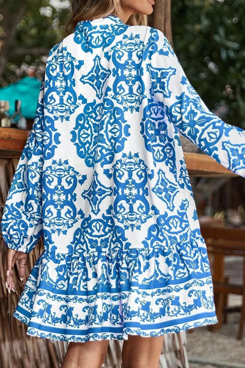 Ruffled Printed Notched Long Sleeve Dress - Charming Charlie