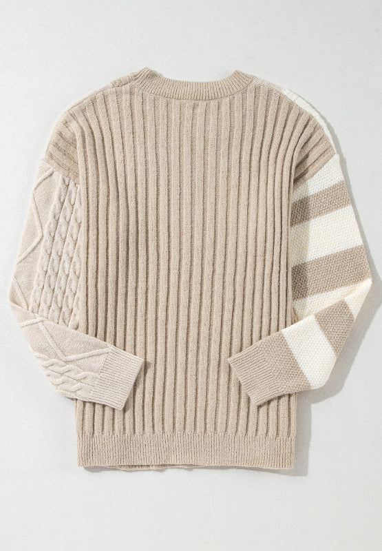 Cable-Knit Color Block Round Neck Sweater - Charming Charlie