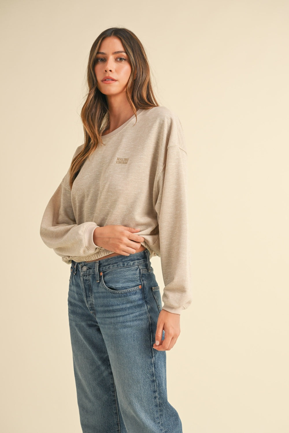 Mable Round Neck Letter Embroidery Crop Sweatshirt - Charming Charlie