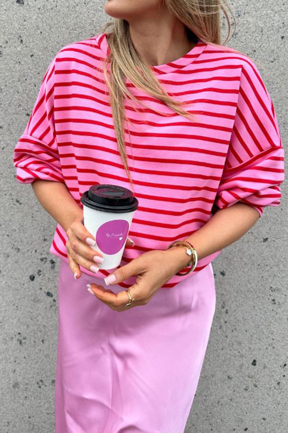 Striped Round Neck Long Sleeve Sweatshirt - Charming Charlie