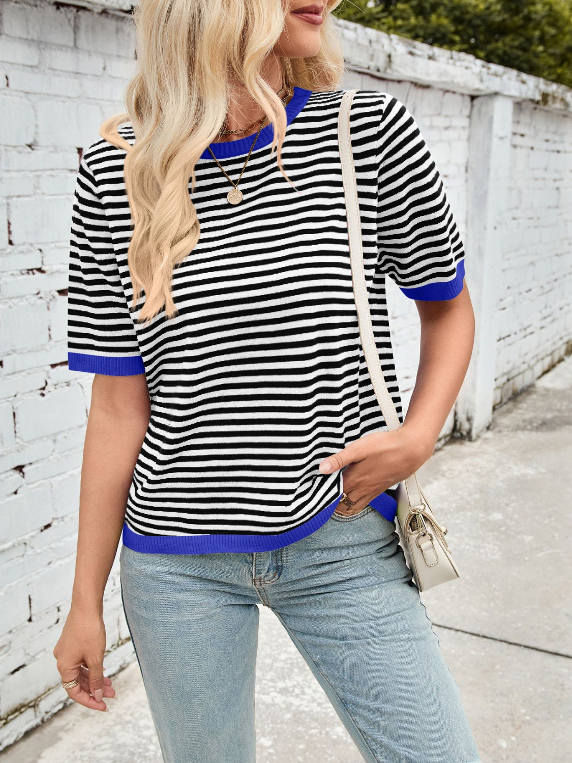 Lovelet Striped Contrast Round Neck Half Sleeve Knit Top - Charming Charlie
