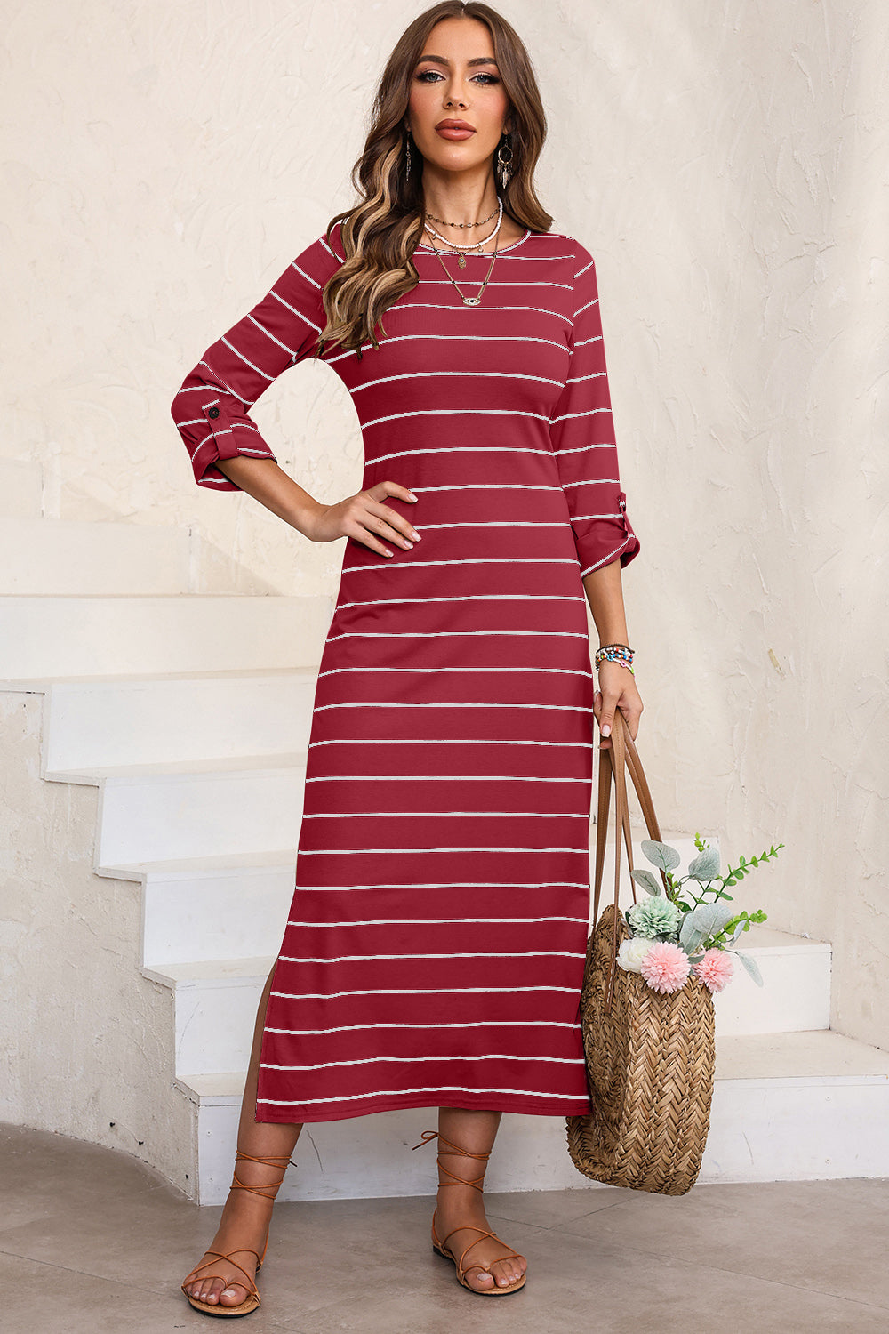 Slit Striped Round Neck Midi Dress - Charming Charlie