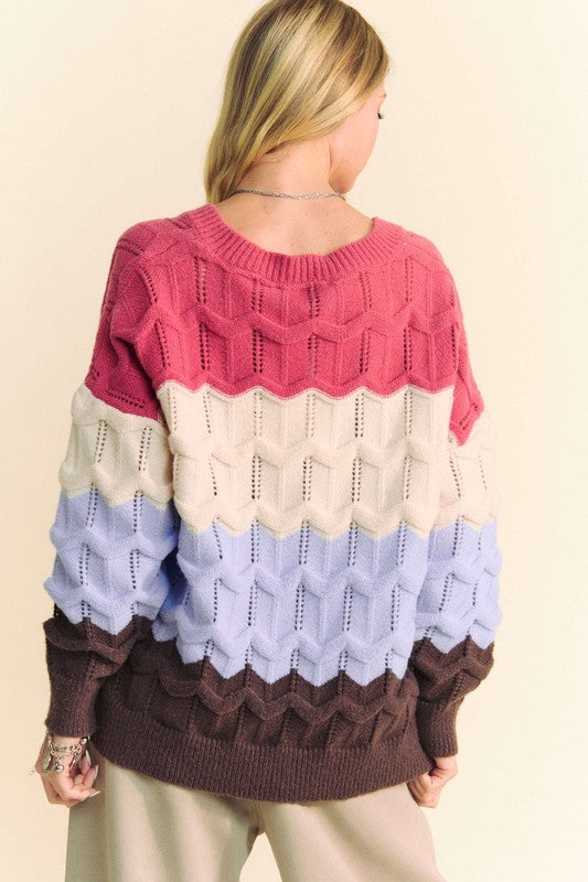 Davi & Dani Wavy Texture Color Block V-Neck Sweater - Charming Charlie