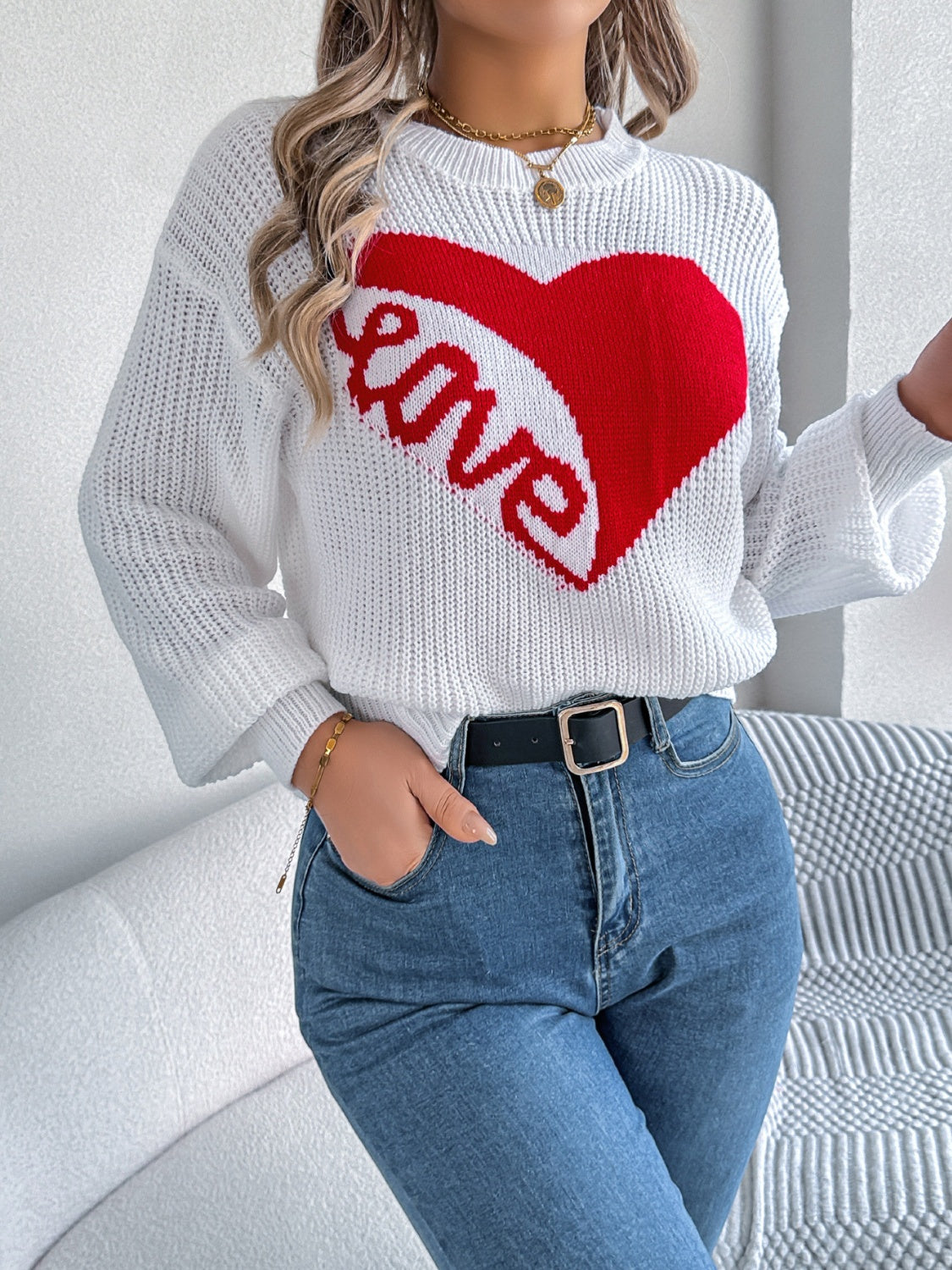 LOVE Heart Round Neck Dropped Shoulder Sweater - Charming Charlie