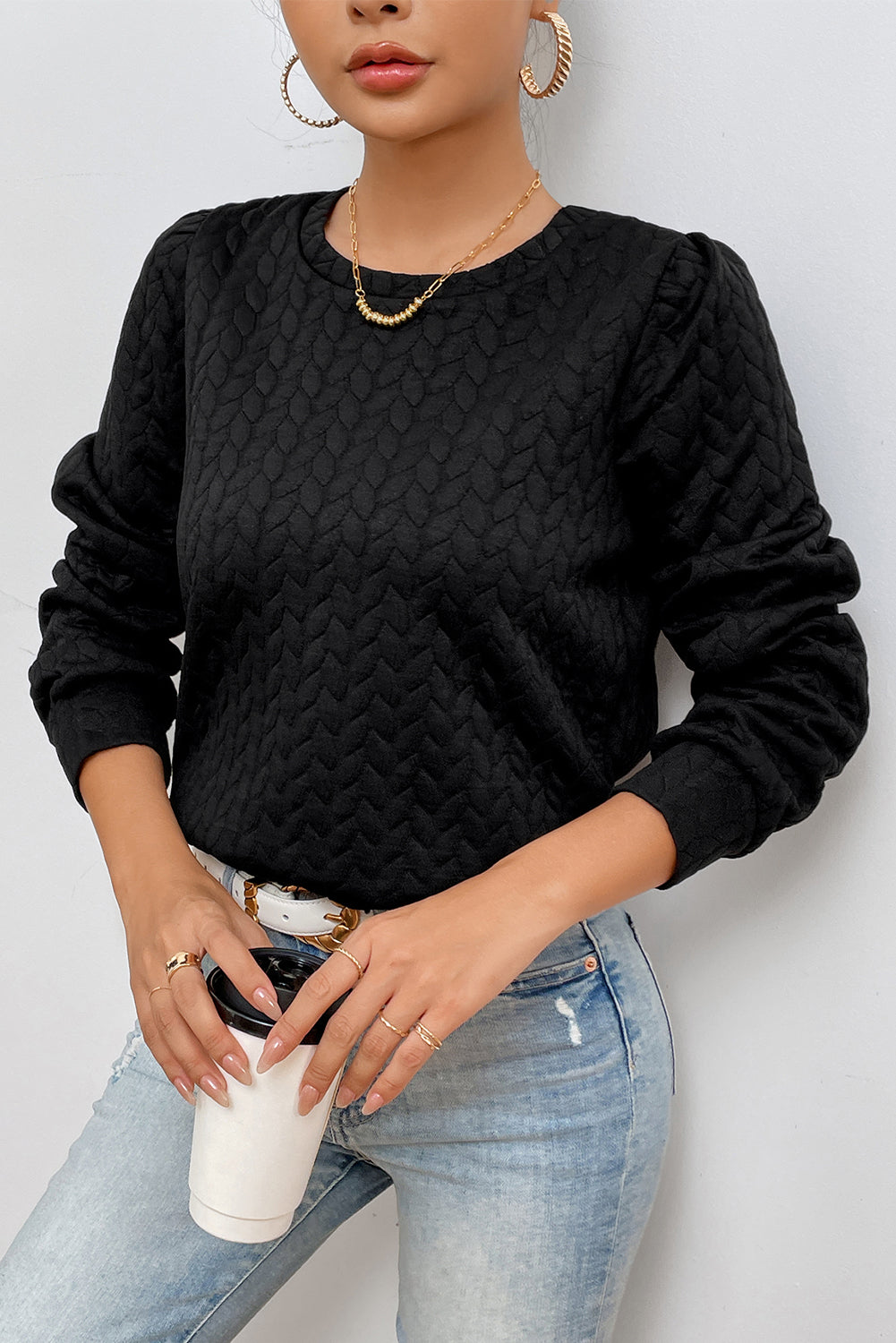 Texture Round Neck Long Sleeve Sweatshirt - Charming Charlie