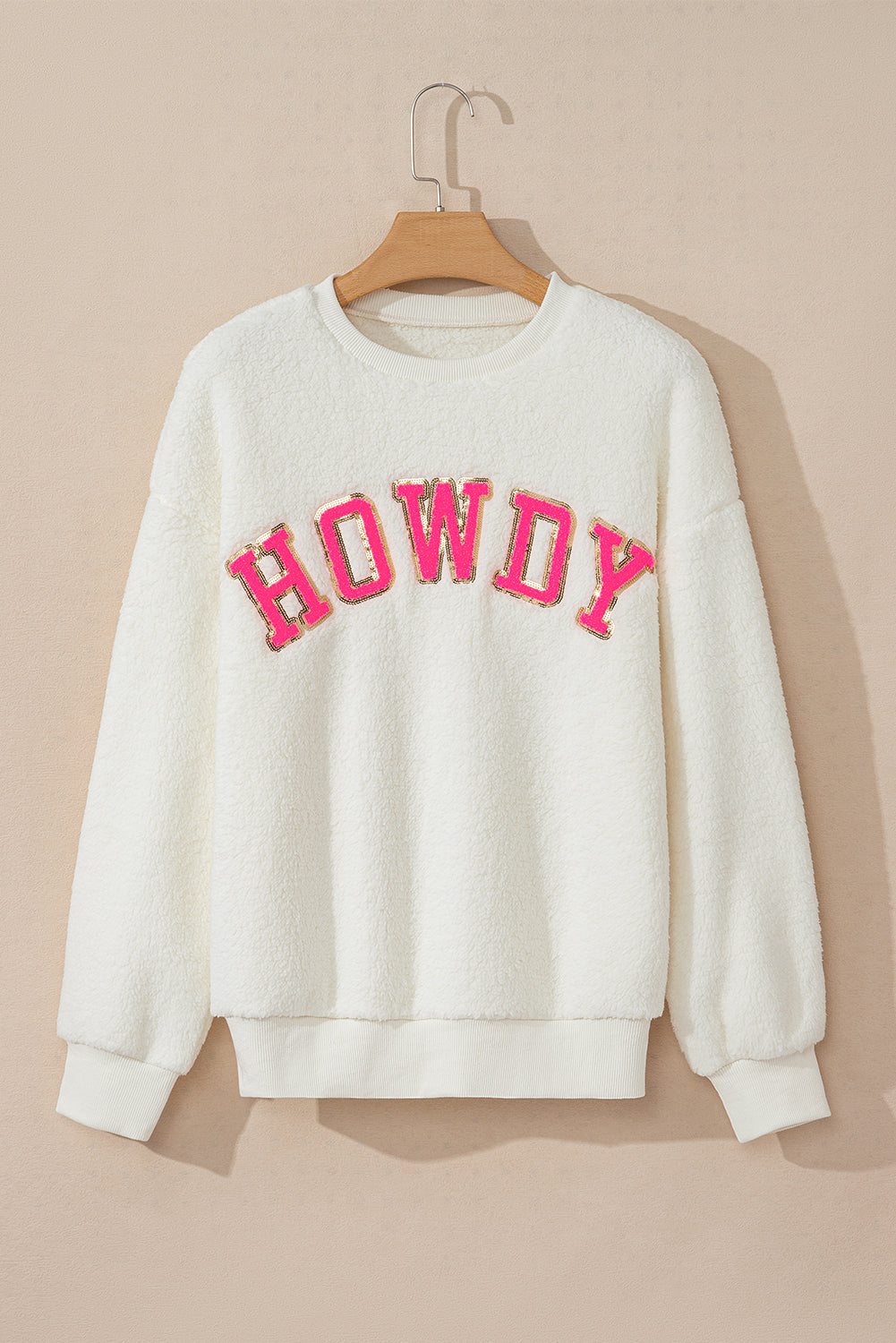HOWDY Patched Round Neck Sherpa Sweatshirt - Charming Charlie