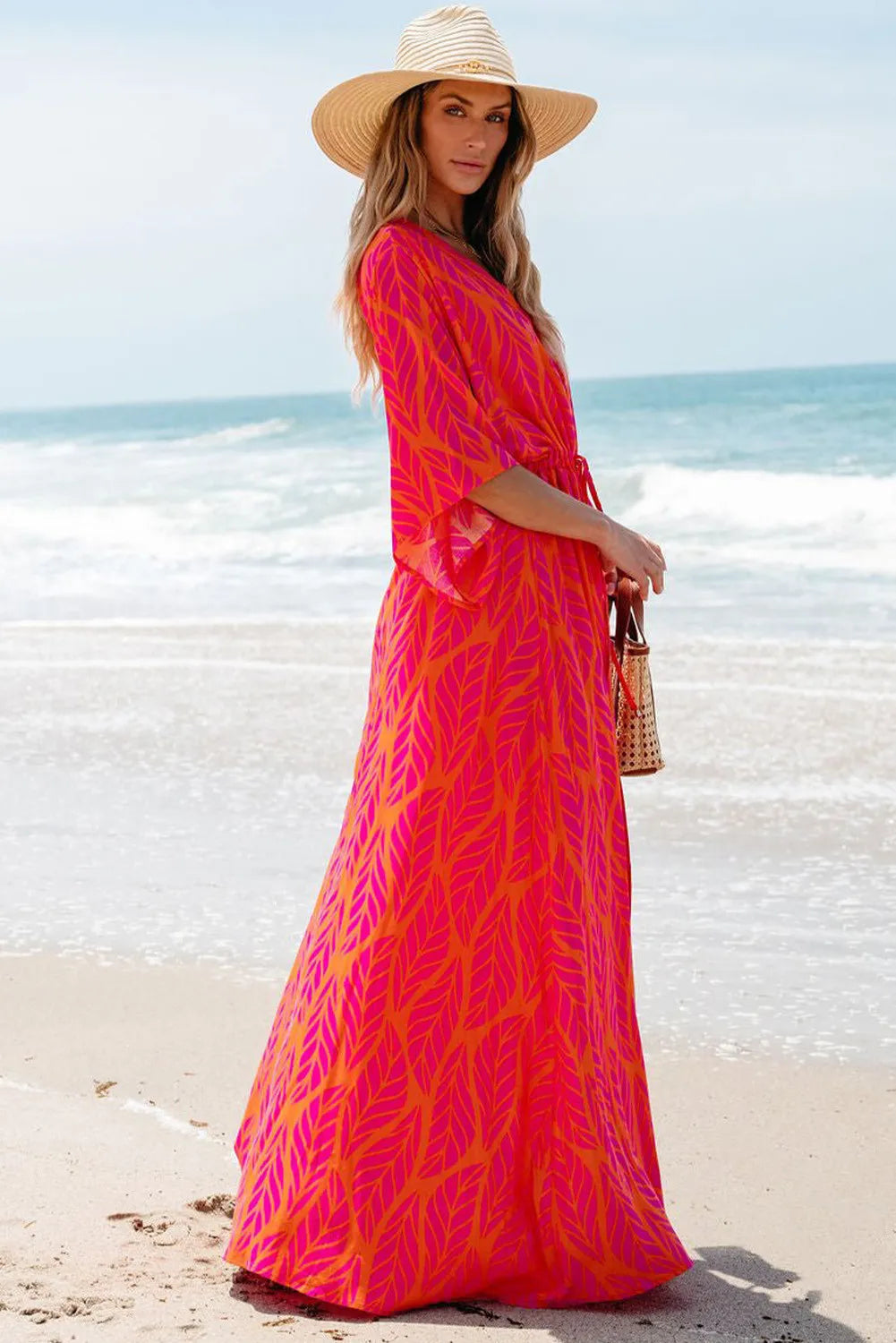 Drawstring Printed V-Neck Maxi Dress - Charming Charlie