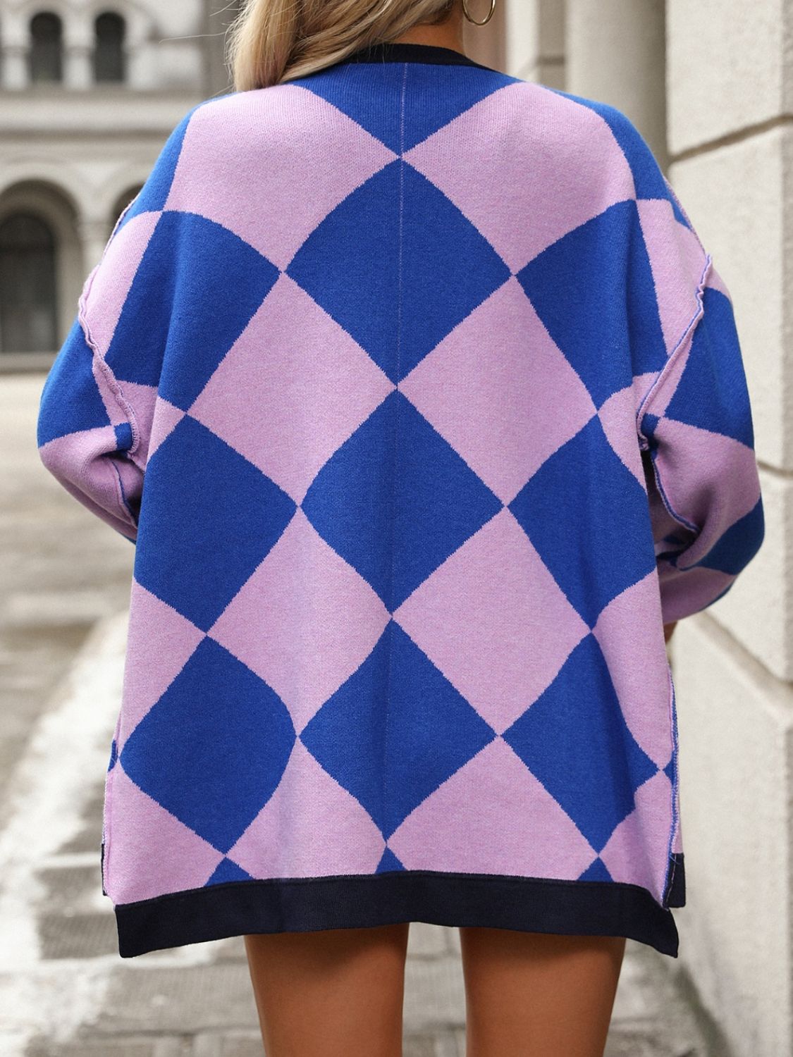 Checkered Dropped Shoulder Long Sleeve Cardigan - Charming Charlie