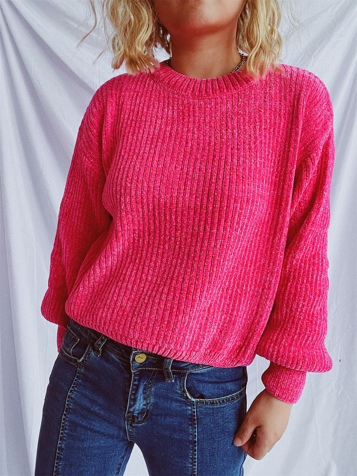 Round Neck Dropped Shoulder Long Sleeve Sweater - Charming Charlie