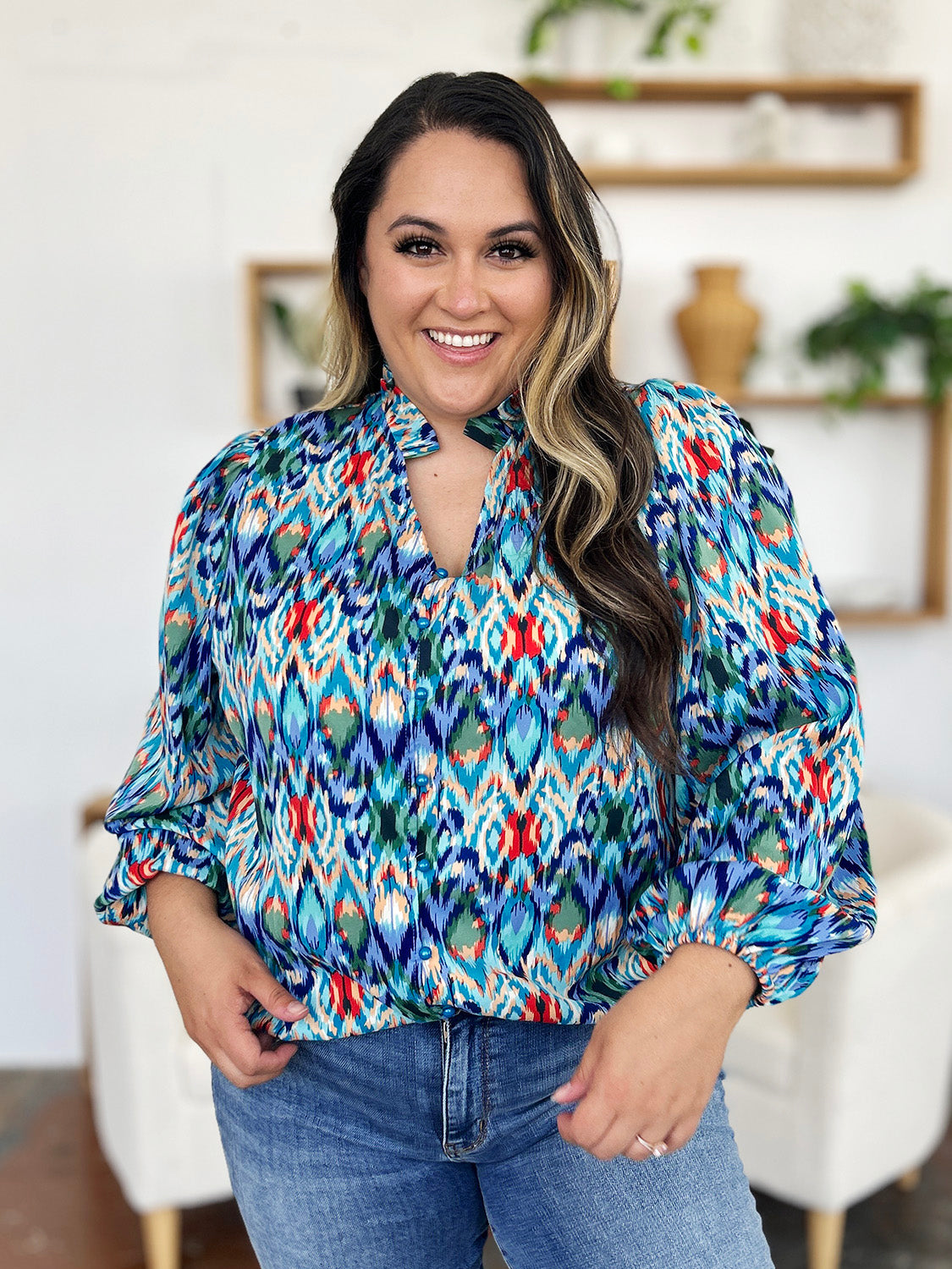 Double Take Full Size Printed Balloon Sleeve Blouse - Charming Charlie