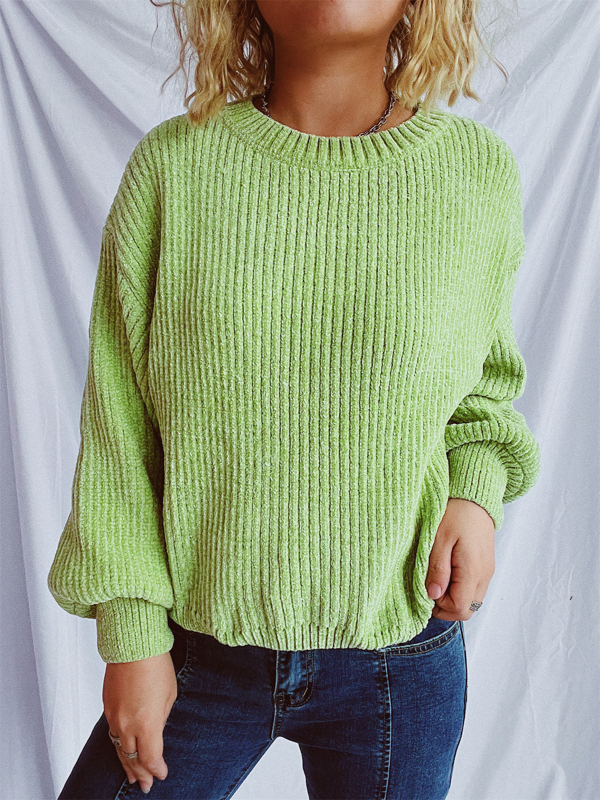Round Neck Dropped Shoulder Long Sleeve Sweater - Charming Charlie