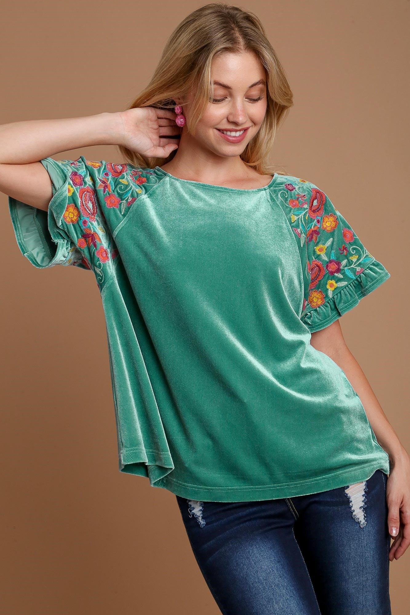 Umgee Velvet Embroidery Short Sleeve Blouse - Charming Charlie