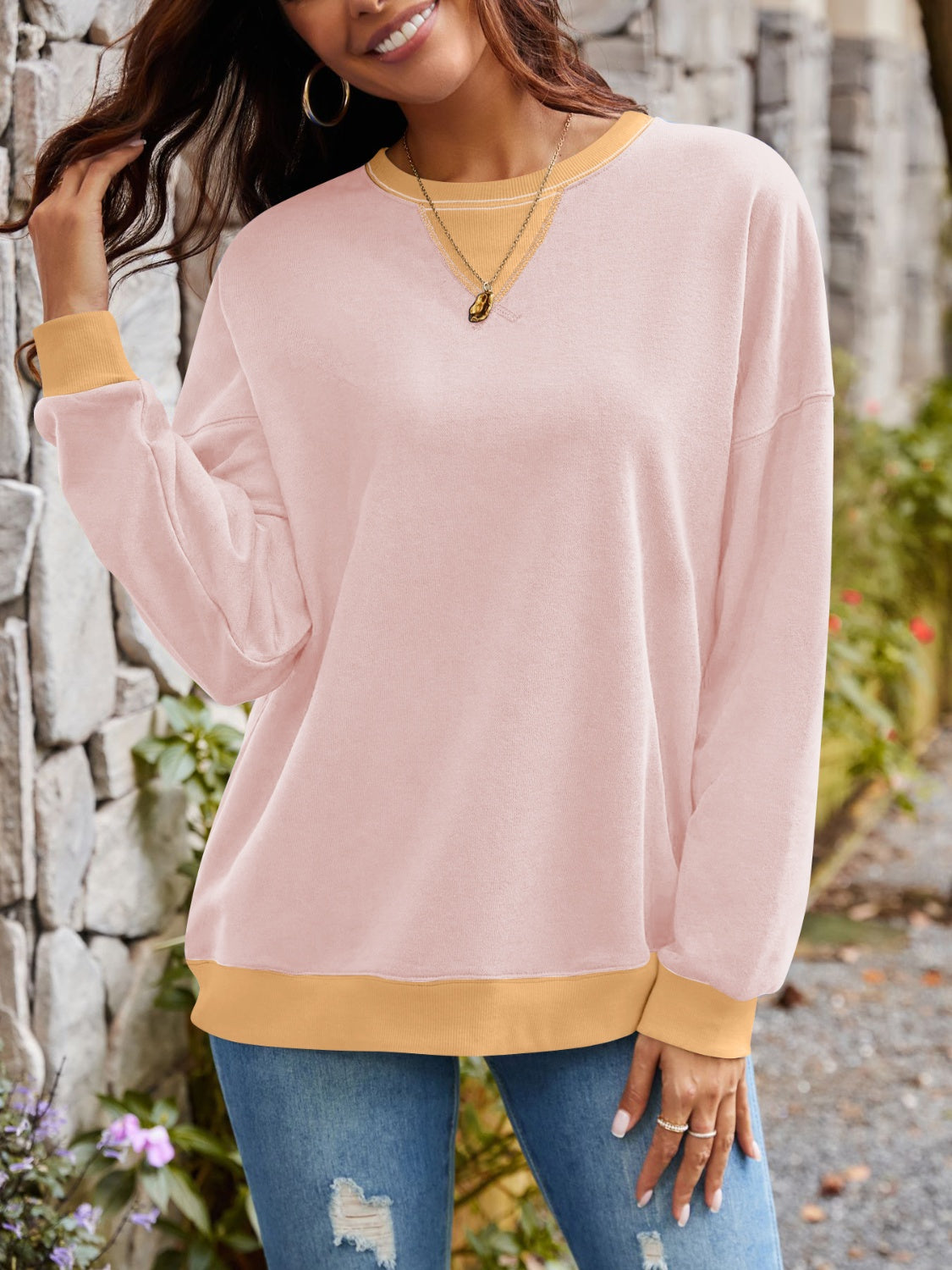 Contrast Round Neck Long Sleeve Sweatshirt - Charming Charlie