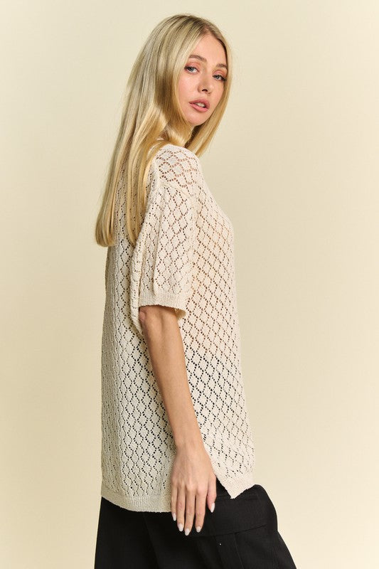 Davi & Dani Side Slit Openwork Round Neck Half Sleeve Knit Cover Up - Charming Charlie