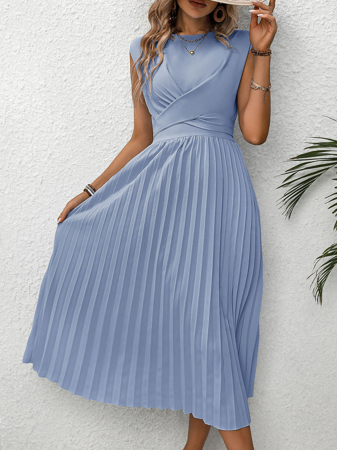 Pleated Round Neck Cap Sleeve Dress - Charming Charlie