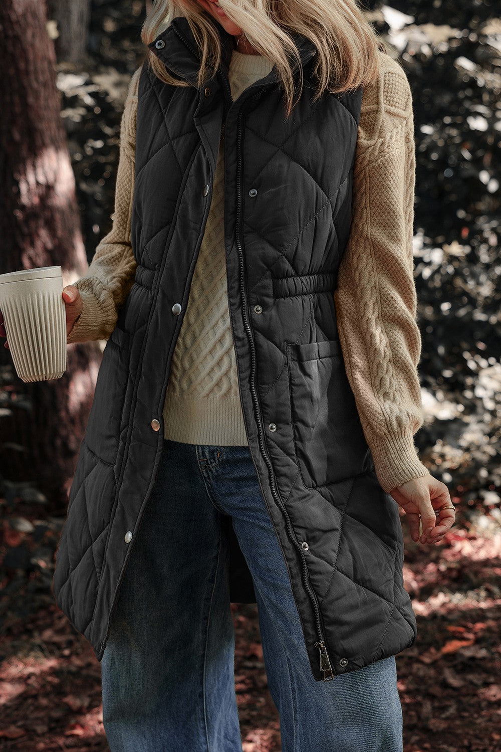 Pocketed Zipper and Button Vest Coat - Charming Charlie