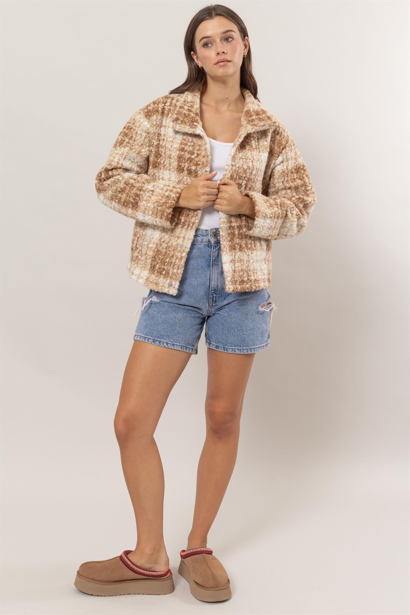 HYFVE Plaid Collared Neck Boucle Jacket with Pockets - Charming Charlie