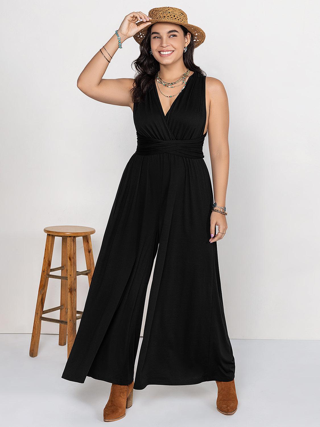 Plus Size V-Neck Wide Leg Jumpsuit - Charming Charlie