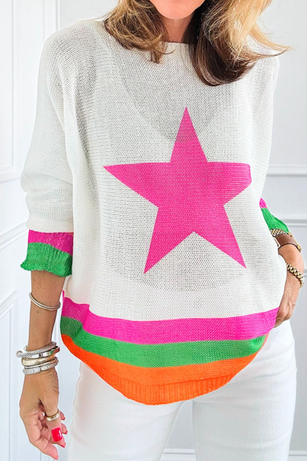 Star Contrast Round Neck Long Sleeve Knit Top - Charming Charlie