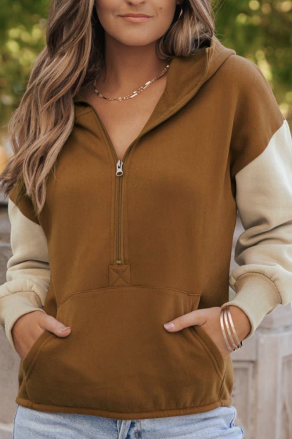 Contrast Half Zip Long Sleeve Hoodie - Charming Charlie