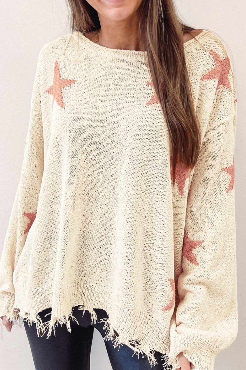 Contrast Star Raw Hem Long Sleeve Knit Top - Charming Charlie