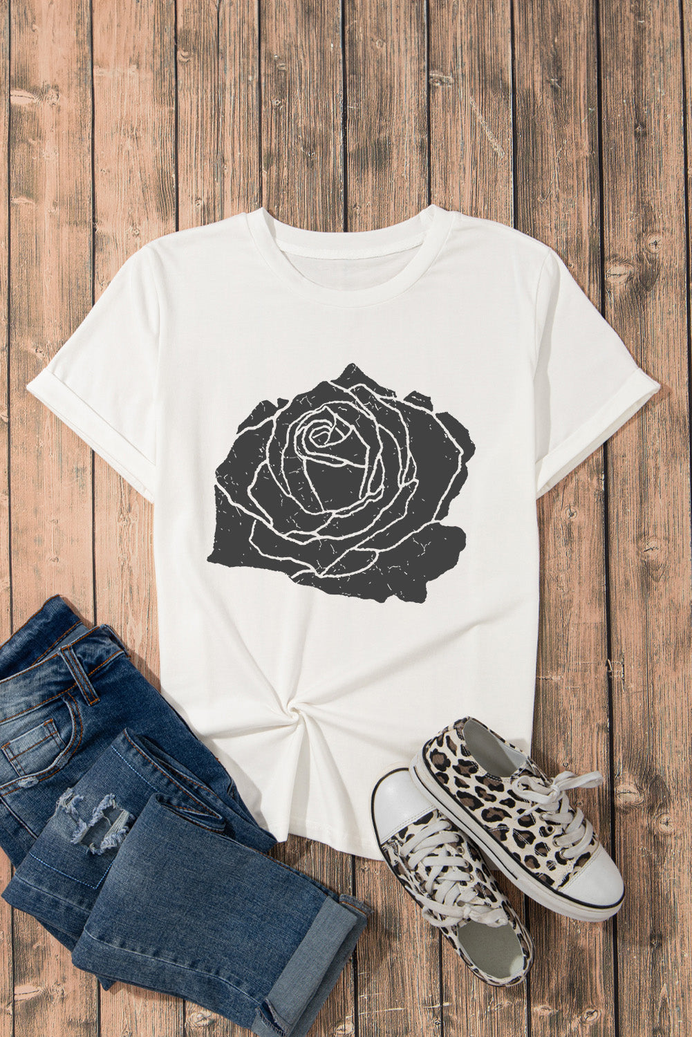Rose Graphic Round Neck Short Sleeve T-Shirt - Charming Charlie