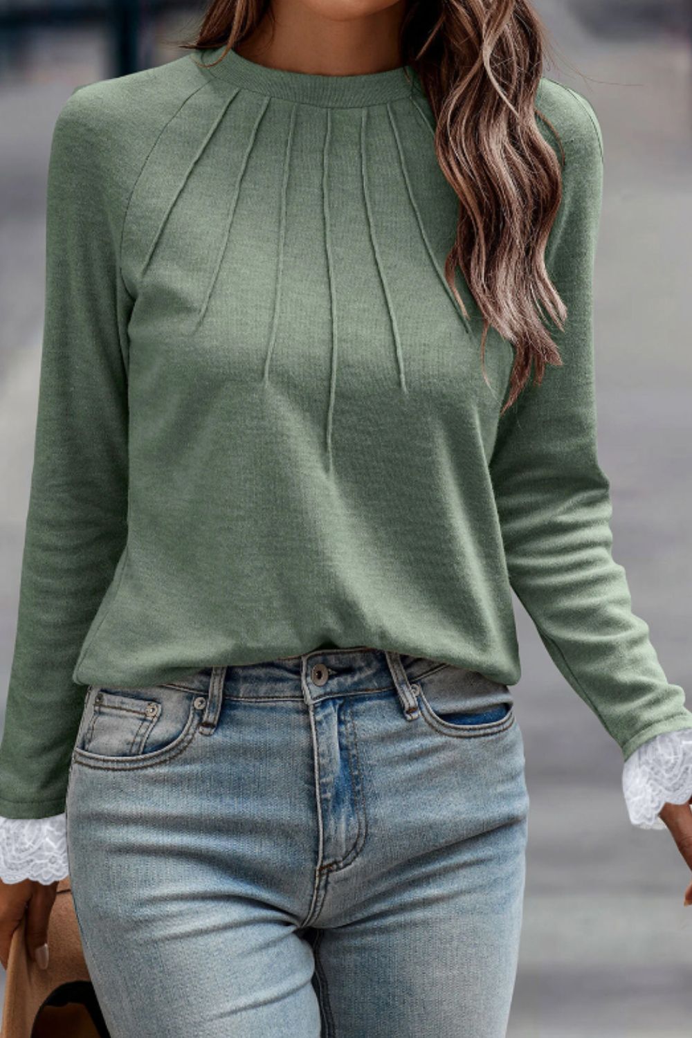 Lace Detail Round Neck Long Sleeve T-Shirt - Charming Charlie