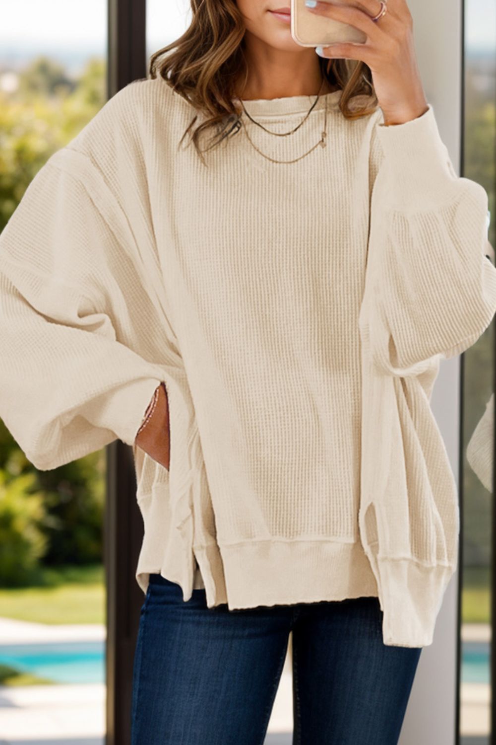Slit Waffle-Knit Round Neck Long Sleeve Top - Charming Charlie