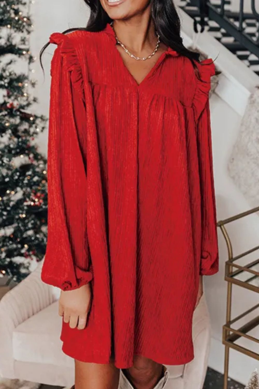 Frill Notched Long Sleeve Dress - Charming Charlie