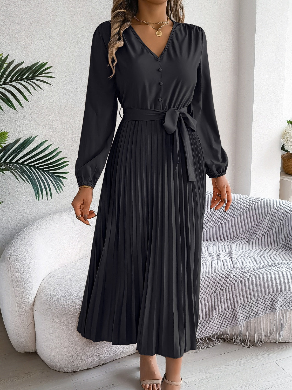 Pleated Tied V-Neck Long Sleeve Dress - Charming Charlie