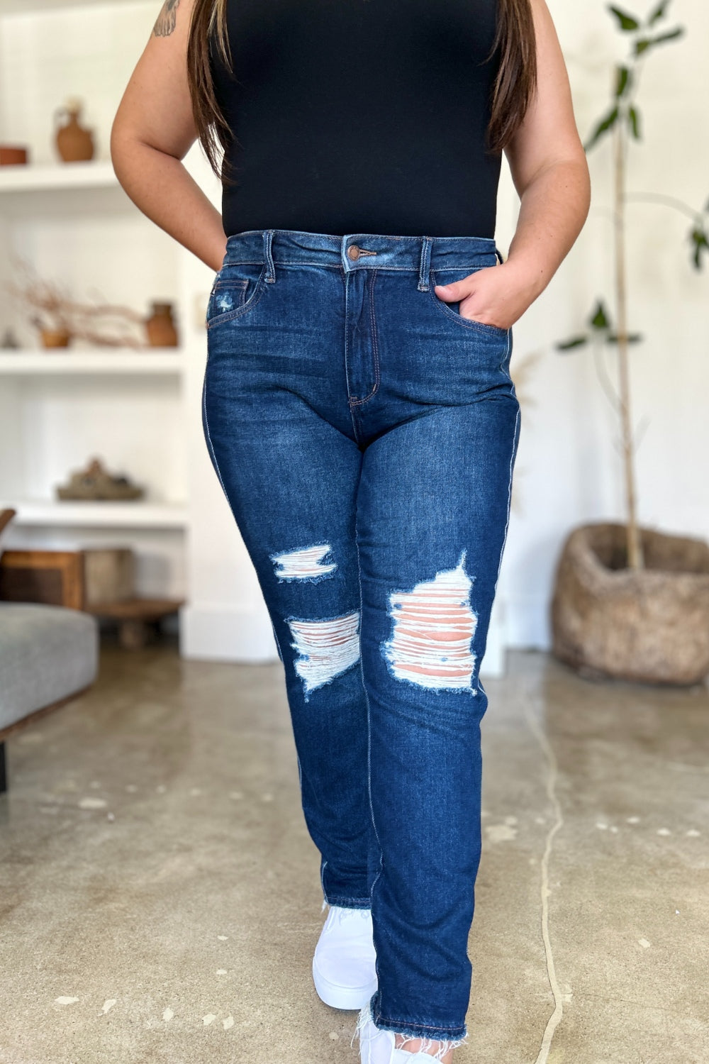 Judy Blue Full Size High Waist Rigid Magic Heavy Destroy Straight Jeans - Charming Charlie
