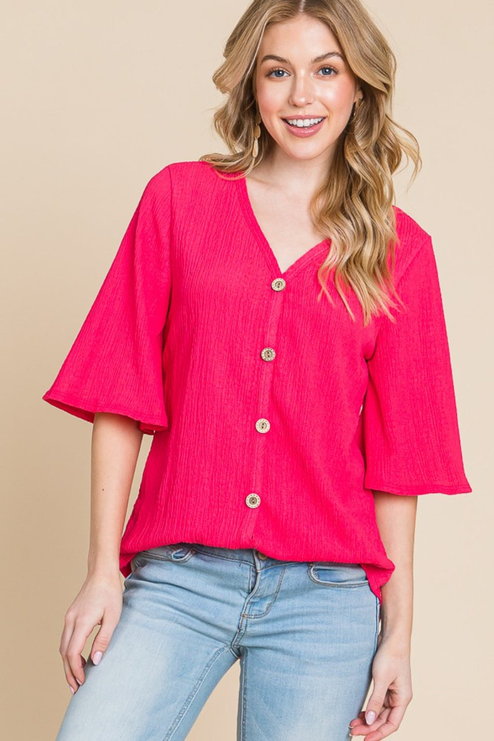 BOMBOM Texture Decorative Button V-Neck Top - Charming Charlie