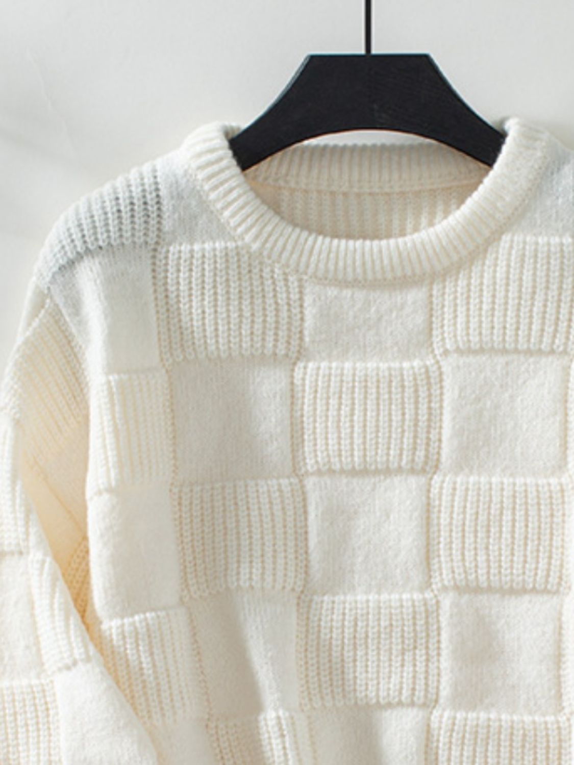Checkered Round Neck Long Sleeve Sweater - Charming Charlie