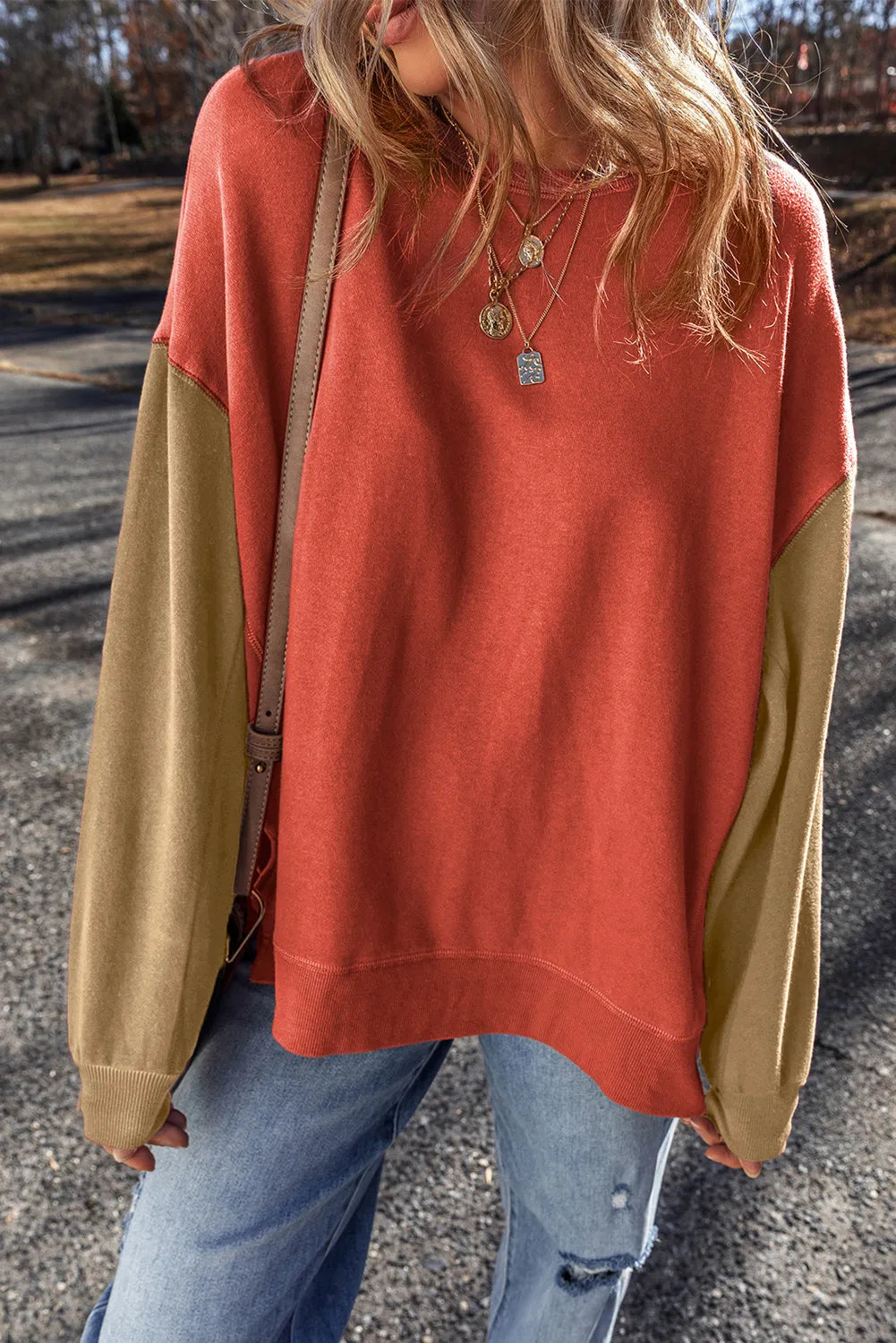 Contrast Round Neck Long Sleeve Sweatshirt - Charming Charlie