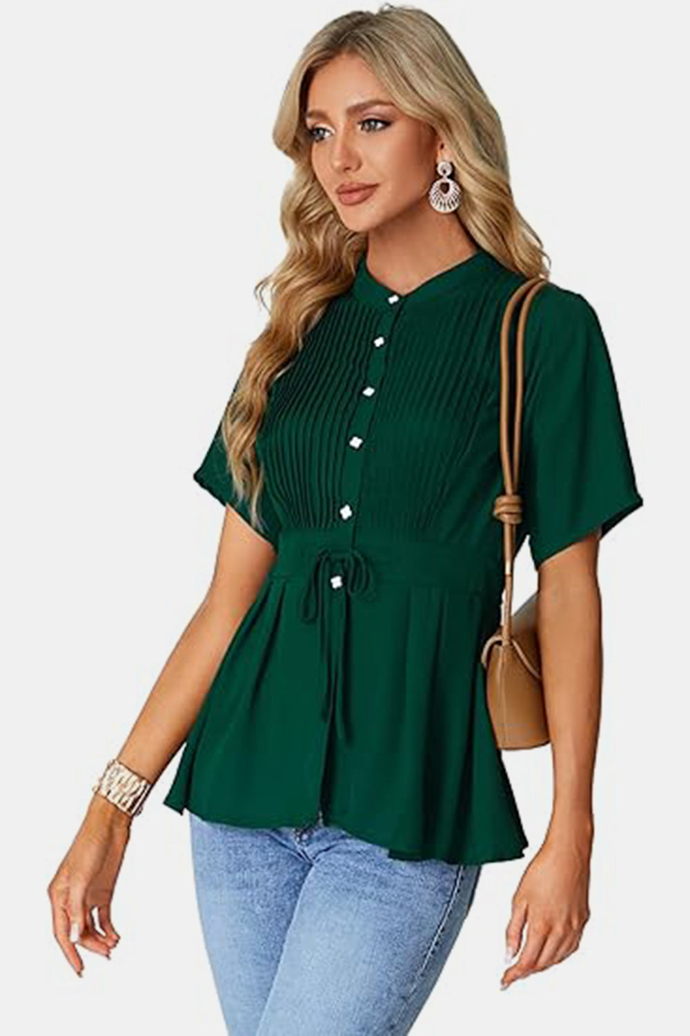 Tied Round Neck Short Sleeve Blouse - Charming Charlie